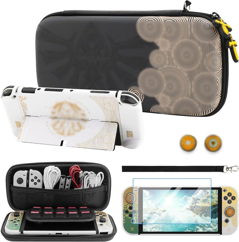 F'DIARY Black of Zelda Carrying Case for Nintendo Switch OLED, Shockproof Accessories of Switch Console with Portable Travel Bag, Hard PC Dockable Cover, Screen Protector, Handle Strap & 2 Thumb Caps - Image 1